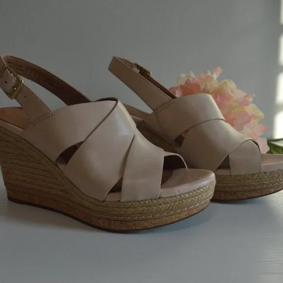 Clarks Amelia Dally Ecru Leather Espadrille Wedge Sandals - Picture 3 of 12
